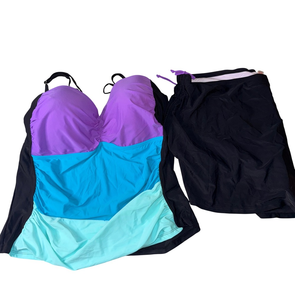 Tankini Swimsuit Set XXXL Multicolor Colorblock Ruched Swim Skirt
